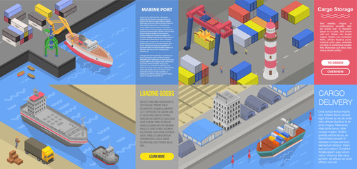 Modern marine port banner set. Isometric set of modern marine port vector banner for web design