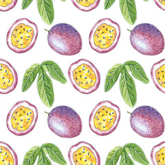Passion fruit seamless pattern, hand drawn botanical illustration isolated on white.