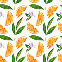 Citrus seamless pattern made of orange and leaves, hand drawn botanical illustration isolated on white.