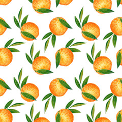 Citrus seamless pattern made of orange and leaves, hand drawn botanical illustration isolated on white.