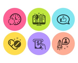 Creative design, Feedback and Atm service icons simple set. Medical pills, Update time and Startup signs. Designer, Speech bubble. Business set. Flat creative design icon. Circle button. Vector