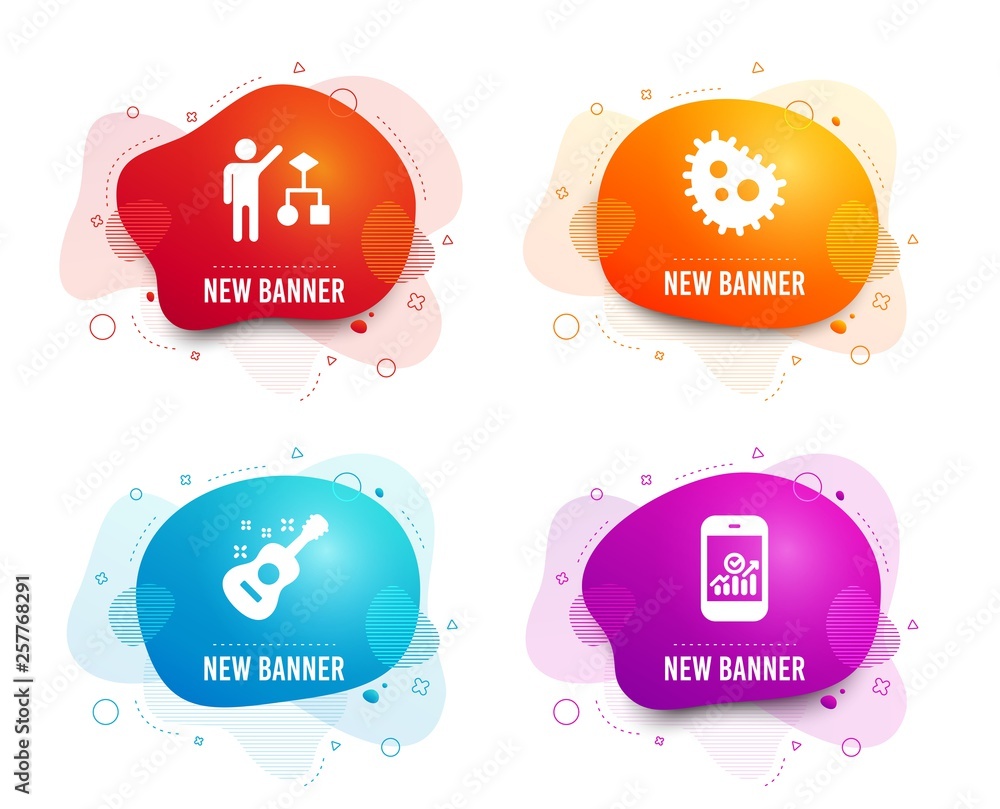 Poster liquid badges. set of algorithm, bacteria and guitar icons. smartphone statistics sign. developers j