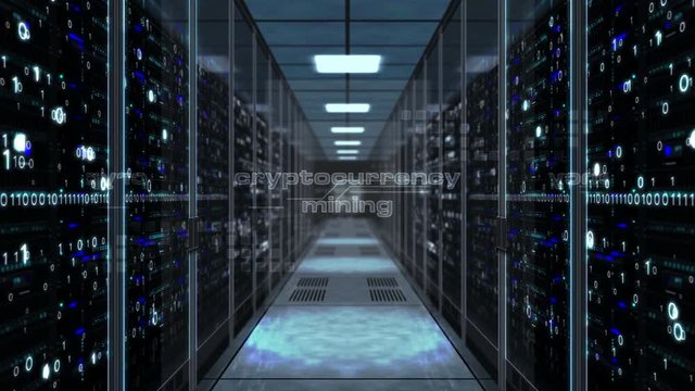 Cryptocurrency mining concept with bitcoin symbol on glass door in server room. Flight through the corridor with large computer racks. Endless and loopable 3D abstract animation.