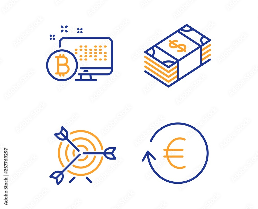 Poster bitcoin system, target and usd currency icons simple set. exchange currency sign. cryptocurrency mon
