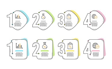 Diagram graph, Shopping bag and Loan icons simple set. World statistics sign. Presentation chart, Supermarket discounts, Money bag. Global report. Finance set. Infographic timeline. Vector