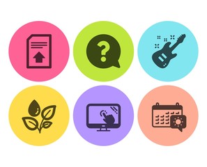 Electric guitar, Question mark and Upload file icons simple set. Touch screen, Plants watering and Travel calendar signs. Musical instrument, Help support. Business set. Flat electric guitar icon