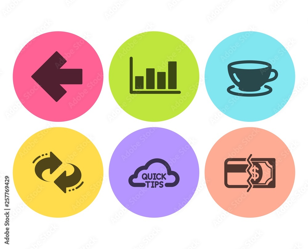 Poster espresso, refresh and quick tips icons simple set. report diagram, left arrow and payment methods si