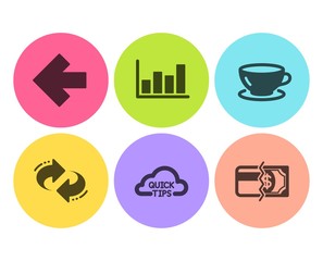Espresso, Refresh and Quick tips icons simple set. Report diagram, Left arrow and Payment methods signs. Coffee cup, Rotation. Business set. Flat espresso icon. Circle button. Vector