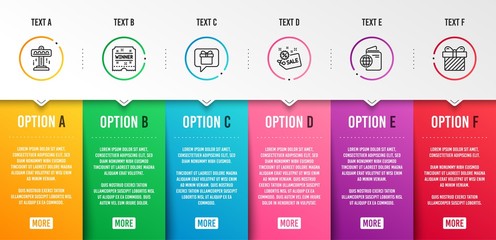Wish list, Attraction and Winner ticket icons simple set. Travel passport, Sale and Surprise signs. Present box, Free fall. Holidays set. Infographic template. 6 steps timeline. Business options
