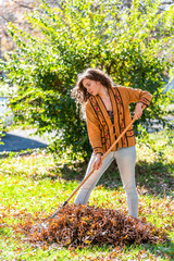 Young woman homeowner in garden yard backyard raking collecting of dry autumn foliage oak leaves...