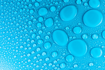 Droplets of water on a blue, matte background illuminated with a delicate light.