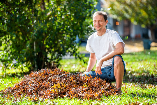 Young man homeowner sitting in garden yard backyard raking dry autumn foliage oak leaves squatting with rake in sunny fall