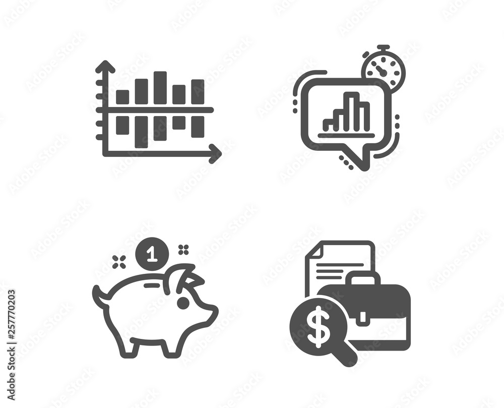 Poster set of diagram chart, statistics timer and saving money icons. accounting report sign. presentation 