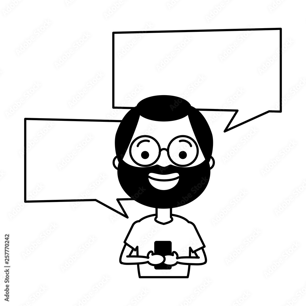 Poster man with smartphone and speech bubble character