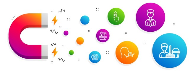 Magnet attracting. Businessman, Breathing exercise and Partnership icons simple set. Exhibitors, Swipe up and Cleaning service signs. User data, Breath. People set. Line businessman icon. Vector