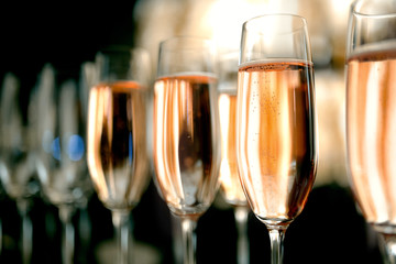 Close up Champagne bubble in glass on black background