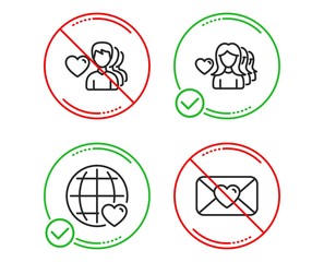 Do or Stop. Man love, Woman love and Valentine icons simple set. Romantic people, Internet dating. Love set. Line man love do icon. Prohibited ban stop. Good or bad. Vector