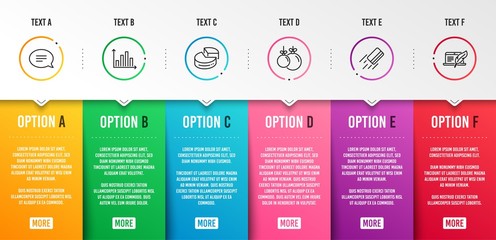 Chat, Credit card and Diagram graph icons simple set. Christmas ball, Pie chart and Copyright laptop signs. Speech bubble, Bank payment. Infographic template. 6 steps timeline. Business options