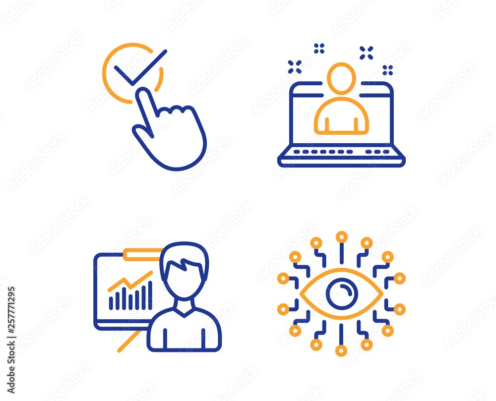Poster checkbox, presentation and best manager icons simple set. artificial intelligence sign. approved, ed