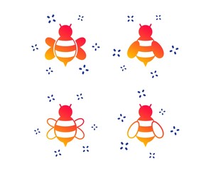 Honey bees icons. Bumblebees symbols. Flying insects with sting signs. Random dynamic shapes. Gradient bee icon. Vector