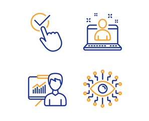 Checkbox, Presentation and Best manager icons simple set. Artificial intelligence sign. Approved, Education board, Best developer. All-seeing eye. People set. Linear checkbox icon. Colorful design set