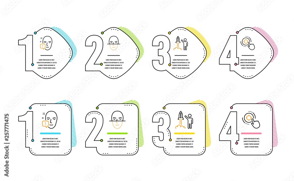 Poster launch project, face recognition and face attention icons simple set. seo target sign. business inno