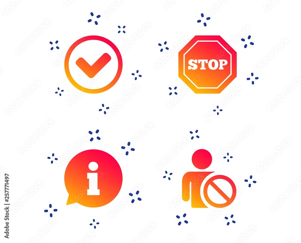 Poster information icons. stop prohibition and user blacklist signs. approved check mark symbol. random dyn