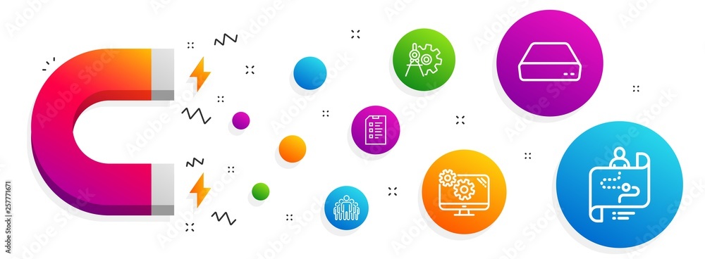 Poster magnet attracting. checklist, mini pc and group icons simple set. cogwheel dividers, settings and jo
