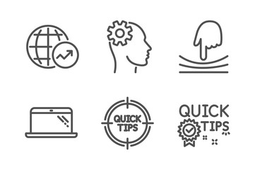 Laptop, Elastic and World statistics icons simple set. Engineering, Tips and Quick tips signs. Computer, Resilience. Science set. Line laptop icon. Editable stroke. Vector