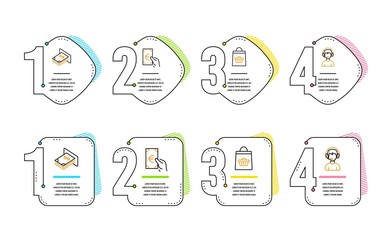 Atm money, Online buying and Finance icons simple set. Consultant sign. Dollar currency, Shopping cart, Eur cash. Call center. Infographic timeline. Line atm money icon. 4 options or steps. Vector