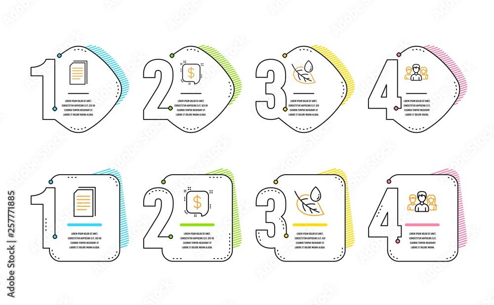 Poster leaf dew, copy files and payment message icons simple set. teamwork sign. water drop, copying docume