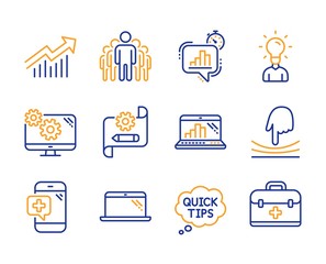 Elastic, Quick tips and Medical phone icons simple set. Cogwheel blueprint, Demand curve and Settings signs. Laptop, Statistics timer and Group symbols. Education, Graph laptop and First aid. Vector