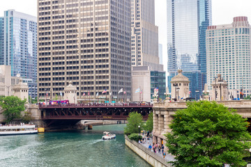 CHICAGO - JUNE 21: The Chicago River on June 21, 2018 in Chicago, Illinois. The Chicago River serves as the main link between the Great Lakes and the Mississippi Valley waterways