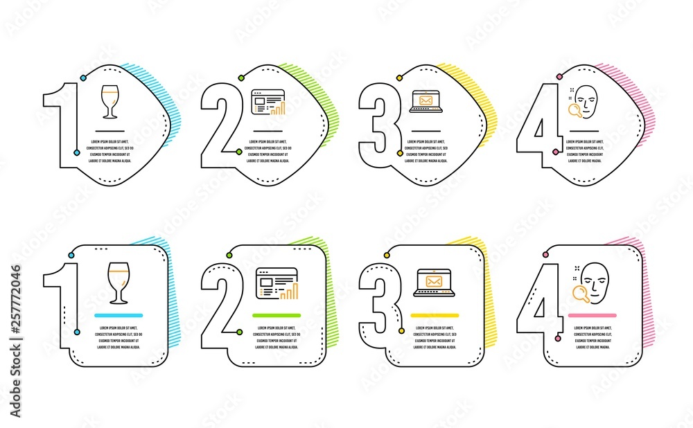 Poster web report, e-mail and beer glass icons simple set. face search sign. graph chart, new message, brew