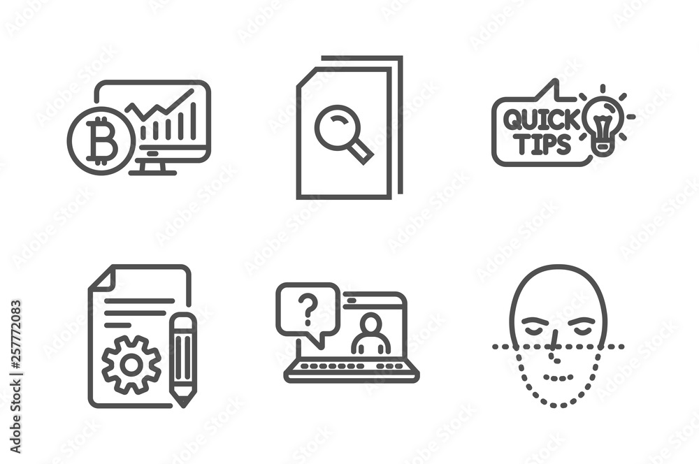 Poster education idea, search files and faq icons simple set. bitcoin chart, documentation and face recogni