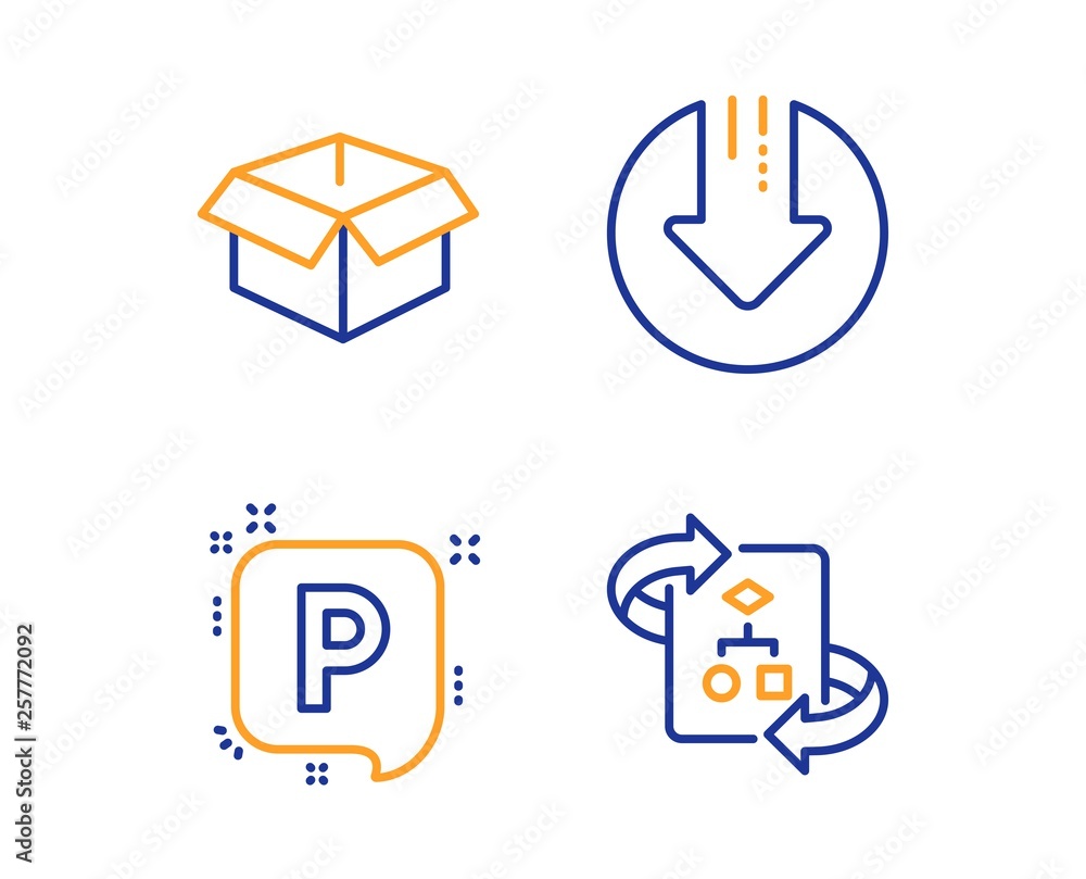 Poster download arrow, opened box and parking icons simple set. technical algorithm sign. crisis, shipping 