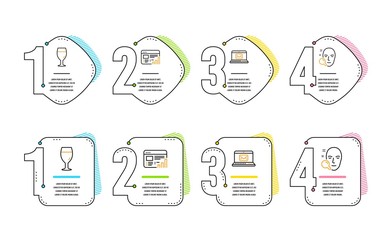Web report, E-mail and Beer glass icons simple set. Face search sign. Graph chart, New message, Brewery beverage. Find user. Infographic timeline. Line web report icon. 4 options or steps. Vector