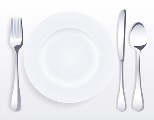 White empty porcelain plate with spoon, knife and fork. illustration in realistic style.