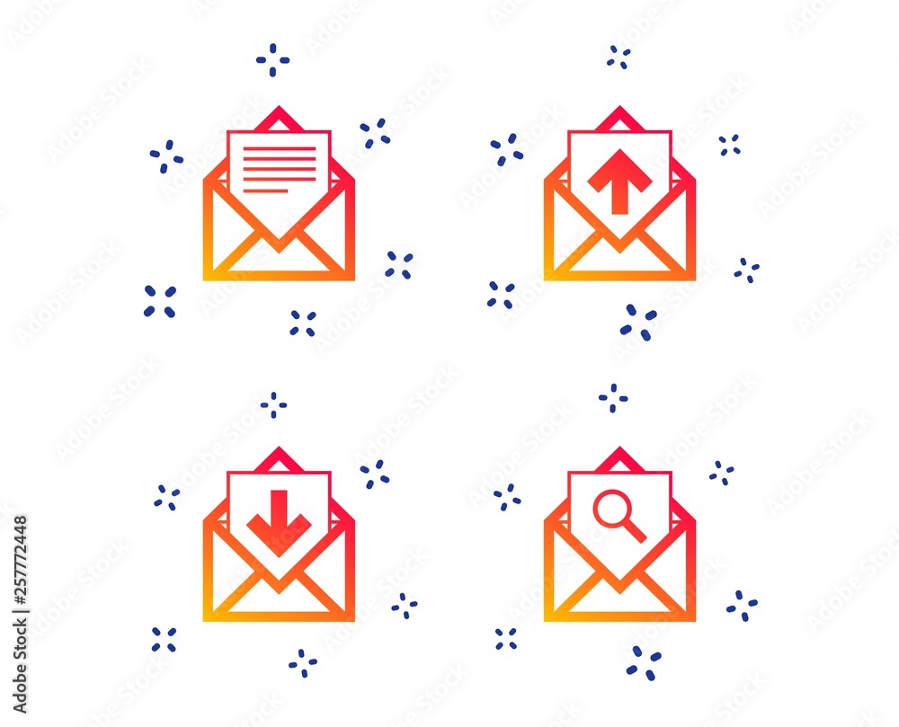 Poster mail envelope icons. find message document symbol. post office letter signs. inbox and outbox messag