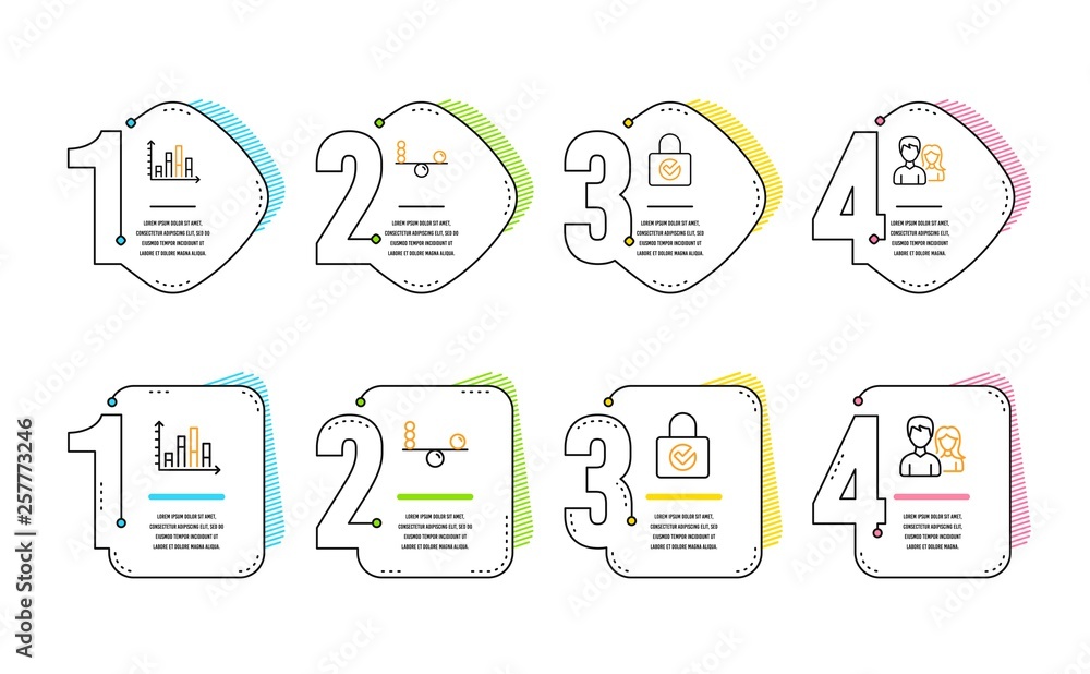 Poster diagram graph, balance and password encryption icons simple set. couple sign. presentation chart, co