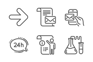 24h service, Next and Mail letter icons simple set. Manual doc, Messenger mail and Chemistry lab signs. Call support, Forward. Technology set. Line 24h service icon. Editable stroke. Vector