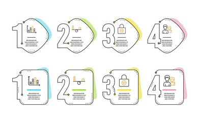 Diagram graph, Balance and Password encryption icons simple set. Couple sign. Presentation chart, Concentration, Protection locker. Male and female. Infographic timeline. Line diagram graph icon