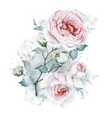 Obrazy  Watercolor Flowers. Roses Bouquet. White and Pink Roses. Floral illustration. Leaves and buds. Botanic composition for wedding or greeting cards or other projects