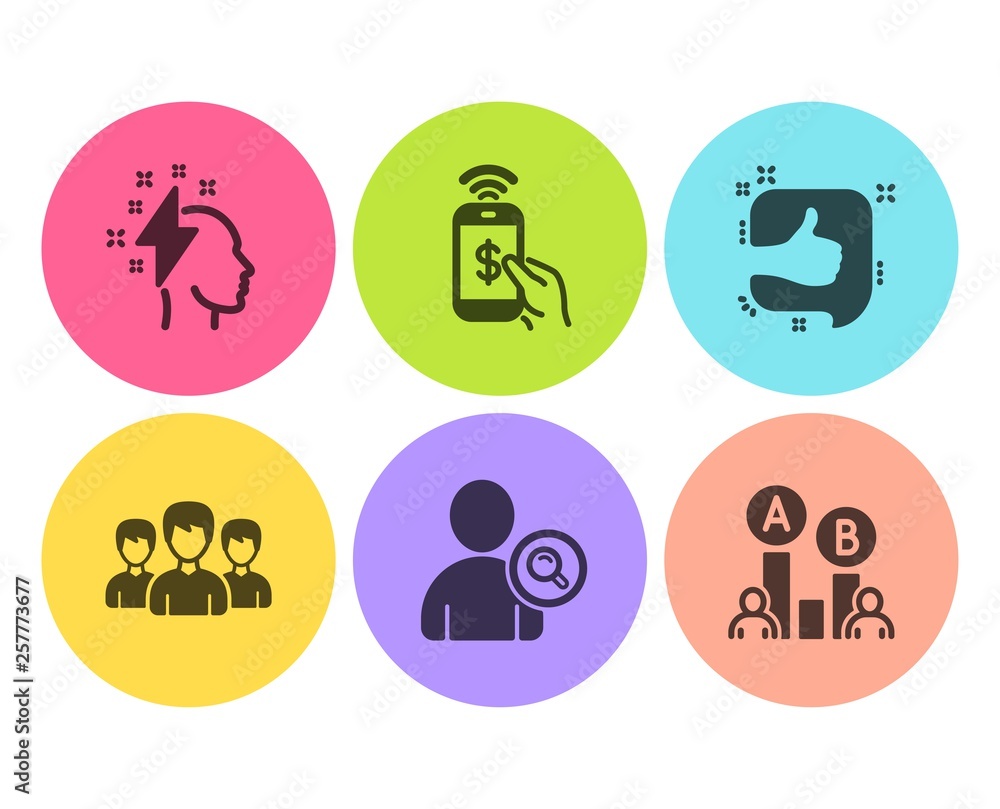 Aufkleber brainstorming, like and phone payment icons simple set. group, find user and ab testing signs. light
