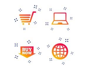 Online shopping icons. Notebook pc, shopping cart, buy now arrow and internet signs. WWW globe symbol. Random dynamic shapes. Gradient shopping icon. Vector