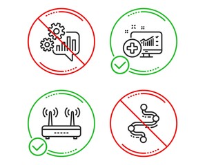 Do or Stop. Wifi, Medical analytics and Cogwheel icons simple set. Timeline sign. Internet router, Medicine system, Engineering tool. Journey path. Science set. Line wifi do icon. Prohibited ban stop