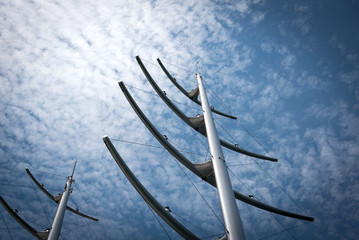Masts like herringbone and Radar Communication Tower on a Yacht. Detail of luxury white yacht with...
