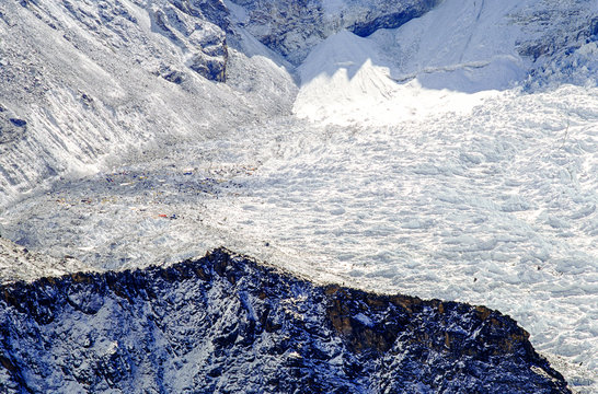 View of Everest base camp from the summit of Kala Patthar mountain.