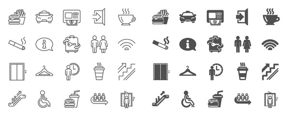 Public Services, Wifi line icons. Elevator, Cloakroom and Taxi icons. Exit, ATM and Escalator. Wifi, Lift or elevator, Restaurant food. Public cloakroom, information, coffee and smoking. Vector