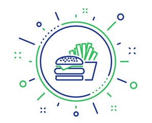Burger with fries line icon. Fast food restaurant sign. Hamburger or cheeseburger symbol. Quality design elements. Technology burger button. Editable stroke. Vector